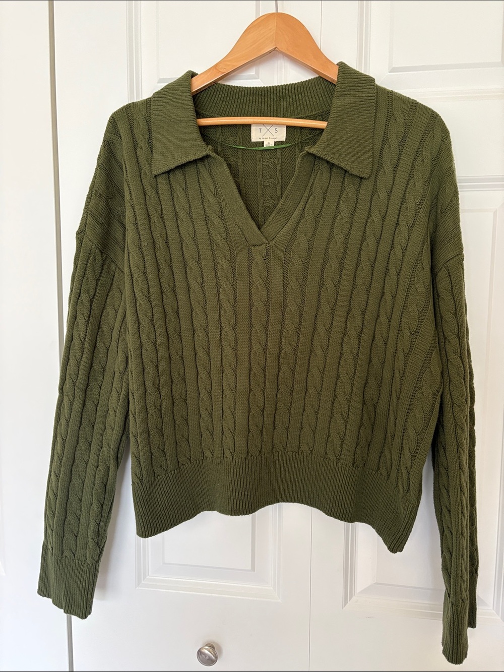 Thread & Supply Olive Green Cable Knit V-Neck Polo Sweater